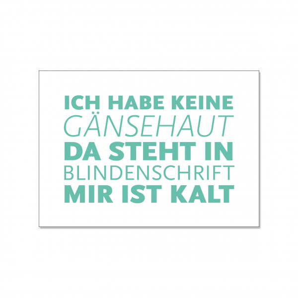 Postkarte quer, Ich habe keine Gänsehaut. Da steht in Blindenschrift: MIR IST KALT!